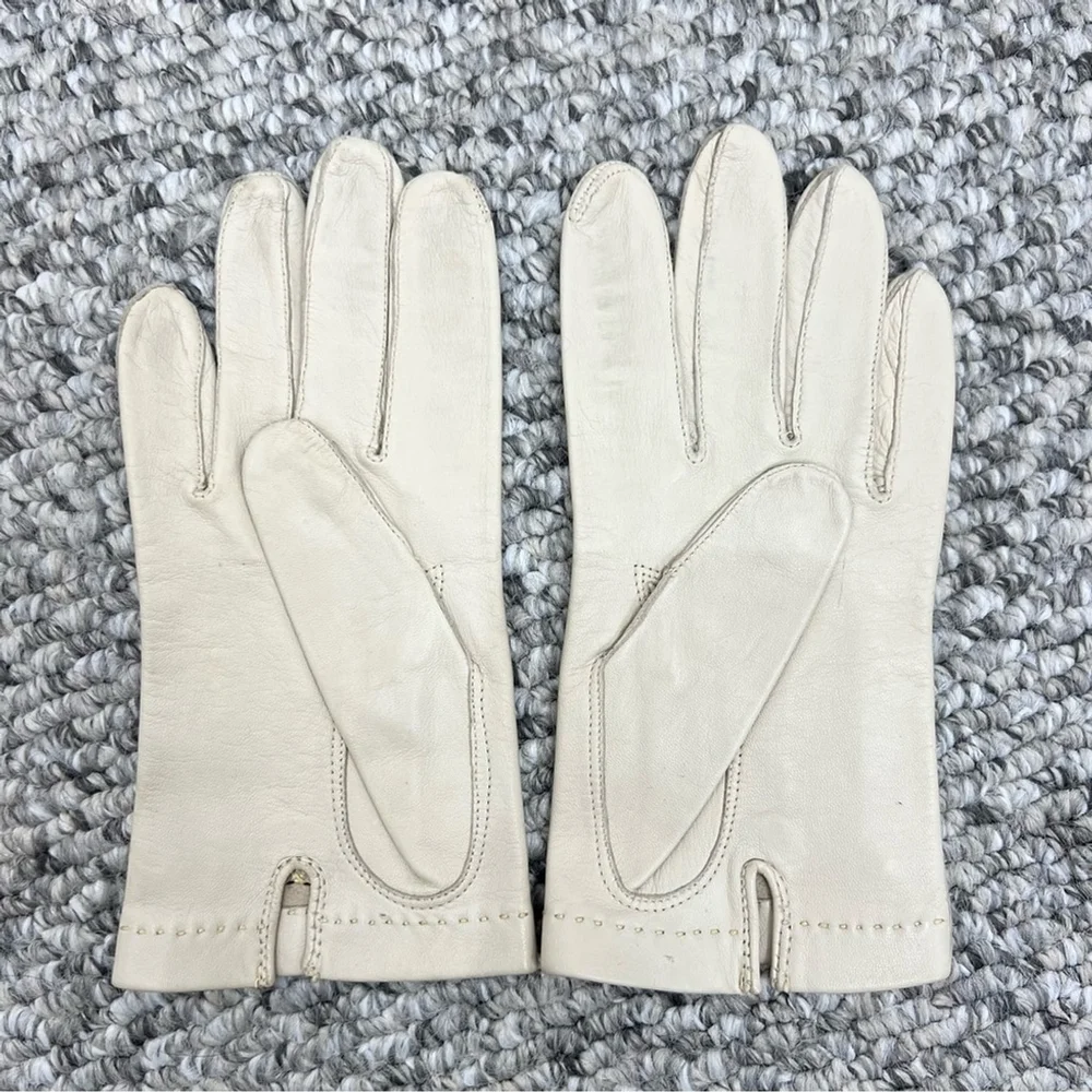 Vtg midcentury beige leather decorative lacing wrist length driving gloves 7 1/2